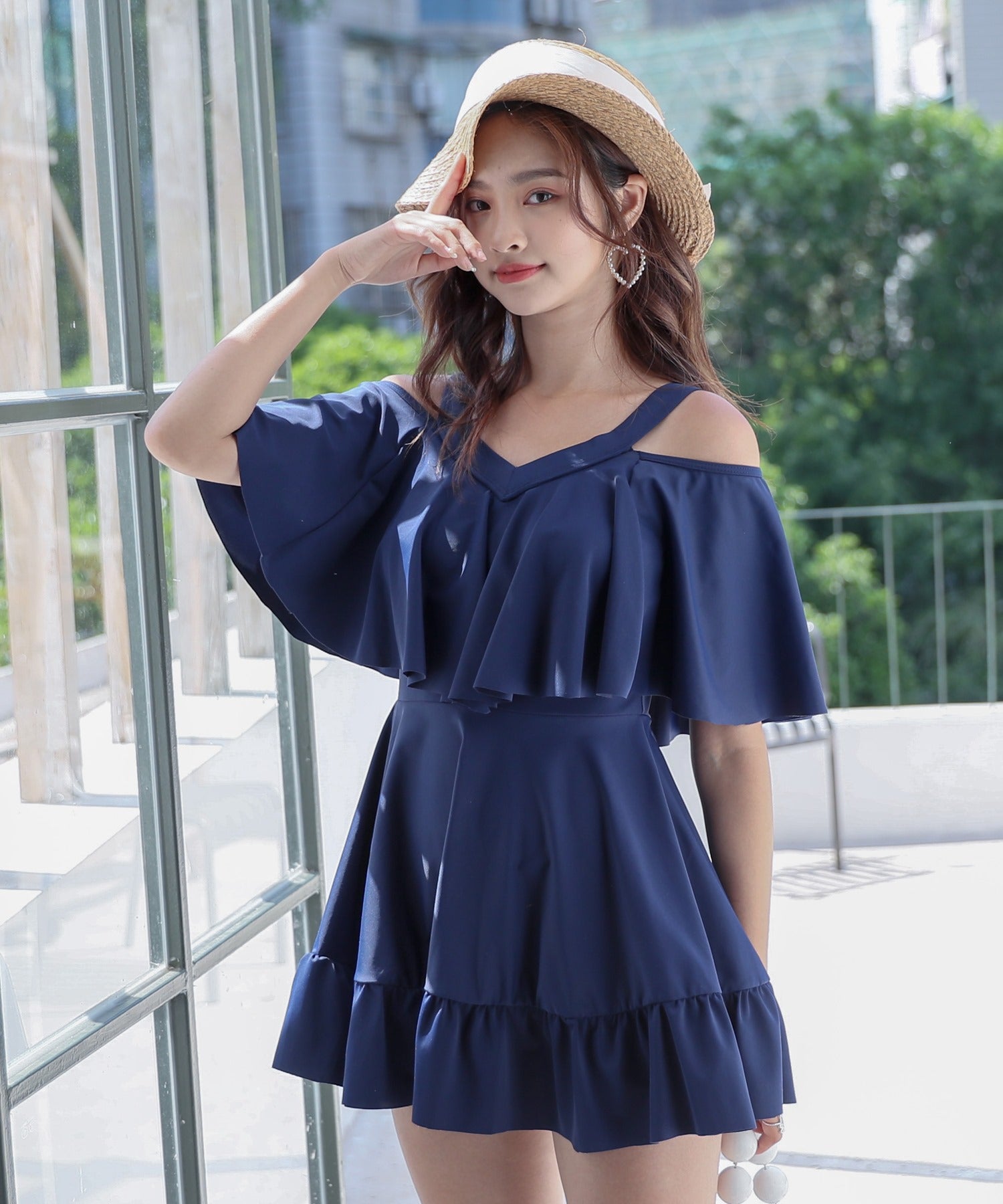 テディショップ Teddyshop 水着 ふんわりスリーブ オフショルワンピ【返品不可商品】 （J：プレーンネイビー）