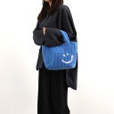 クーコ COOCO SMILEY コーデュロイ刺繍ランチトートバッグ (ブルー)