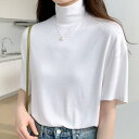 デューリリー Dewlily ハイネック半袖ニット レディース 10代 20代 30代 韓国ファッション 春 夏 秋 大人 カジュアル 可愛い おしゃれ シンプル 無地 白 黒 (ホワイト)