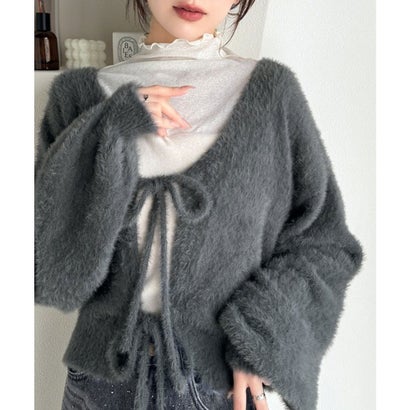 クラシカルエルフ Classical Elf 【mily bilet】女性らしさ滲み出る。シャギーリボン前後2WAYカーディガン （チャコールグレー）