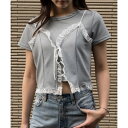 【SETUP7】レースリボンビスチェ Tシャツ 2点セット 半袖 クロップド丈 ショート丈 ラウンドネック SCCH565 (グレー)