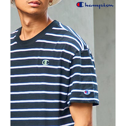 チャンピオン Champion ワンポイント ボーダー カットソー Tシャツ 半袖 ボーダートップス レトロ クルーネック （ブラック）