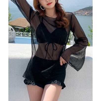 メゾンブリーズ MAISON BREEZE 【MAISON BREEZE】シアーラメトップス フリル ハイウエスト 水着 スイムウェア 水着セット ビキニ 3点セット SCCH529【返品不可商品】 (ブラック)