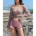 メゾンブリーズ MAISON BREEZE 【MAISON BREEZE】シアーラメトップス フリル ハイウエスト 水着 スイムウェア 水着セット ビキニ 3点セット SCCH529【返品不可商品】 (ピンク)