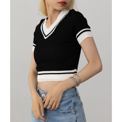 セットアップセブン SETUP7 【SETUP7】クロップド丈 バイカラー Vネック 半袖 ニット ショート丈 サマーニット SCCH595 (ブラック)