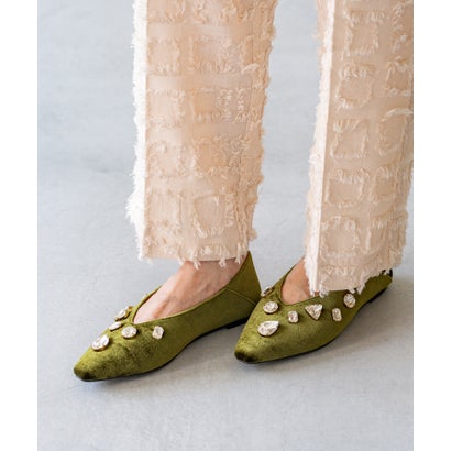 メヌエ Menue ビジュー ベロア ぺたんこ パンプス （4054グリーンベロア）