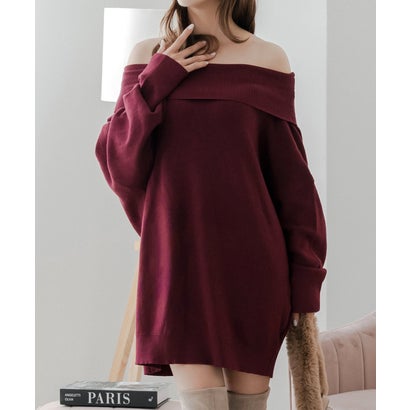 ジュリアブティック JULIA BOUTIQUE ゆるさが魅力の1枚。オフショルダーチュニックトップス・ワンピース (バーガンディ) ジュリアブティック JULIA BOUTIQUE ゆるさが魅力の1枚。オフショルダーチュニックトップス・ワンピース (バーガンディ)