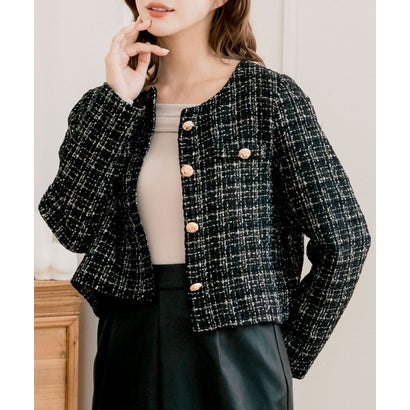 ジュリアブティック JULIA BOUTIQUE ノーカラーツイードジャケット [24541 長袖 ショート丈 Uネック トップス 羽織り レディース ライトアウター アウター 上着 ] （ブラック）