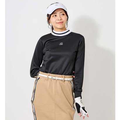 トップイズム TopIsm ゴルフウェア レディース モックネック gs GOLF ポロシャツ ハイネック 長袖 ストレッチ トップス ロゴ刺繍 ライン 無地 おしゃれ かわいい 韓国系 春夏 秋冬 （2-ブラック
