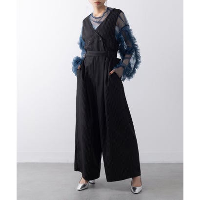 メゾンブリーズ MAISON BREEZE ピンストライプ オールインワン ワイド Vネック ポケット ノースリーブ XNN (ブラック)