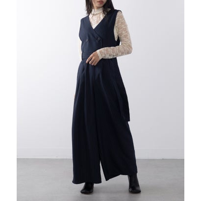 メゾンブリーズ MAISON BREEZE ピンストライプ オールインワン ワイド Vネック ポケット ノースリーブ XNN (ネイビー)