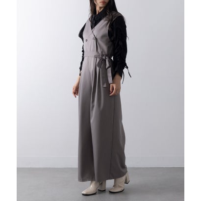 メゾンブリーズ MAISON BREEZE ピンストライプ オールインワン ワイド Vネック ポケット ノースリーブ XNN (グレー)