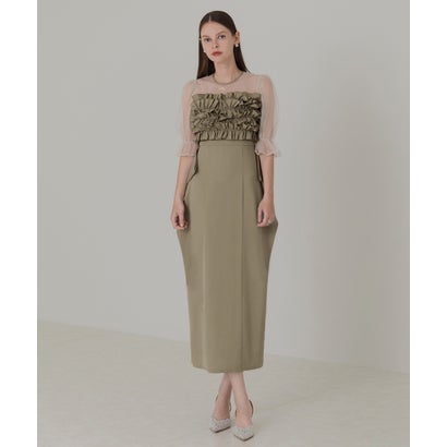 レジャ Leja フリルチュールパフスリーブ変形ラインドレス美脚効果結婚式 パーティードレス 成人式 20代 30代 40代 （GREEN）