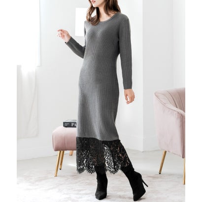 ジュリアブティック JULIA BOUTIQUE 裾レースニットワンピース (チャコール)