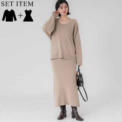 コカ coca 2点セットVネックニットワンピース (Beige) コカ coca 2点セットVネックニットワンピース (Beige)