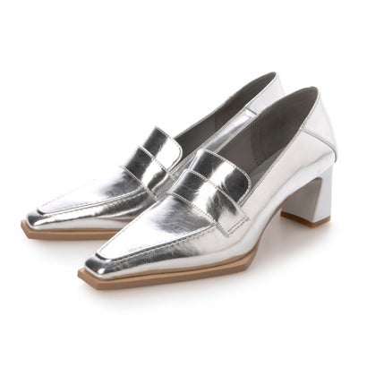 【EVOL/イーボル】【クッション入り】6cmヒールスクエアローファー BY23834 (シルバー)