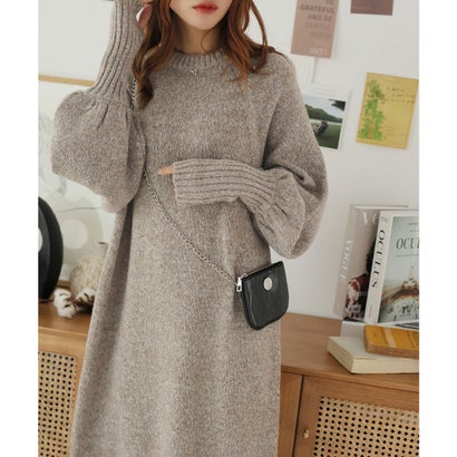 ガーリードール Girly Doll 指ぬきボリューム袖クルーメランジニットワンピース （モカ）