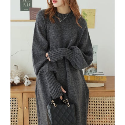 ガーリードール Girly Doll 指ぬきボリューム袖クルーメランジニットワンピース （チャコール）