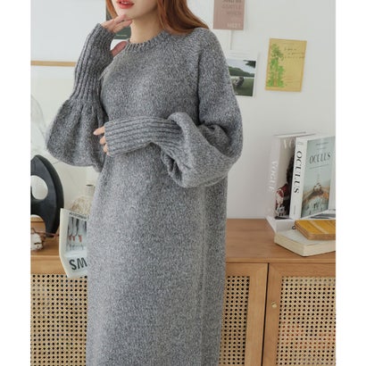 ガーリードール Girly Doll 指ぬきボリューム袖クルーメランジニットワンピース （グレー）