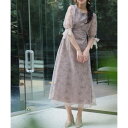 プールヴー PourVous フラワーパーティードレスお呼ばれミモレ丈&七分袖結婚式フォーマルオケージョンドレス同窓会 フォーマル ワンピース パーティードレス 20代 30代 40代 (モカ)(4)