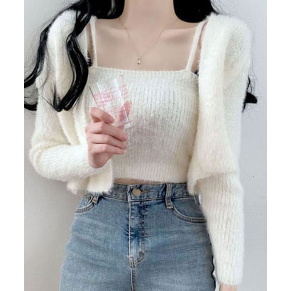 ガーリードール Girly Doll シャギーニットトップス＋カーディガン 二枚セット【韓国ファッション】 （オフホワイト）