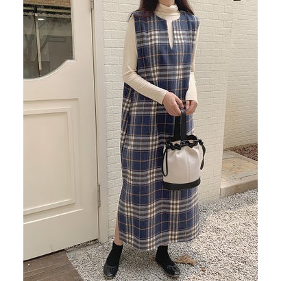 ガーリードール Girly Doll Vネックウールチェックロングノースリワンピース【韓国ファッション】 （ブルー）