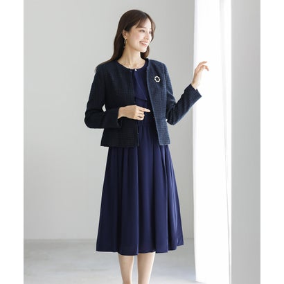 ホワイトジョーラ WHITE JOOLA 【これだけでオフィスもフォーマルもOK！】MIXツィードジャケット＆フリルワンピースSET （ネイビー）