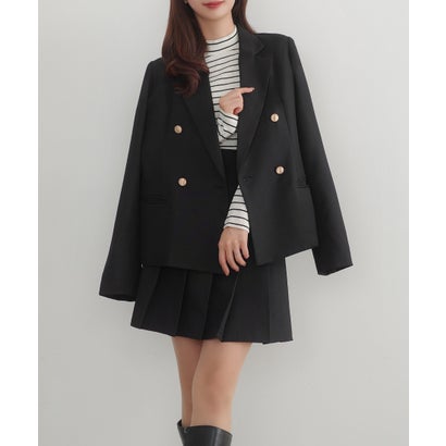 セネア CENEA CENEA 金ボタンテーラードジャケット+プリーツミニスカート(インナーパンツ付き) set (ブラック)