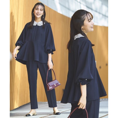 ルイルエブティック RUIRUE BOUTIQUE 2WAYレース襟付きペプラムトップス&テーパードパンツセットアップ (ネイビー)