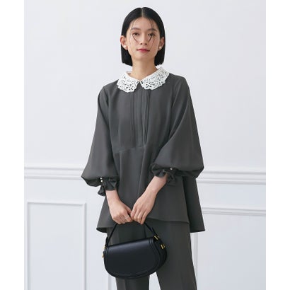 ルイルエブティック RUIRUE BOUTIQUE 2WAYレース襟付きペプラムトップス&テーパードパンツセットアップ (チャコール)