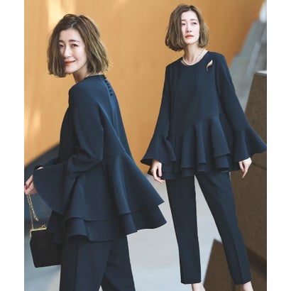 ルイルエブティック RUIRUE BOUTIQUE ダブルフレアペプラムトップス&パンツセットアップ (ネイビー)