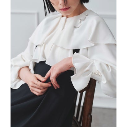 ルイルエブティック RUIRUE BOUTIQUE ケープカラーフリルブラウス＆ハイウエストジャンパースカートセット（ホワイト×ネイビー）