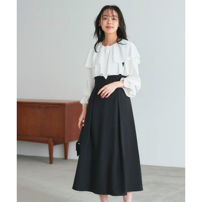 ルイルエブティック RUIRUE BOUTIQUE ケープカラーフリルブラウス&ハイウエストジャンパースカートセット(ホワイト×ブラック)
