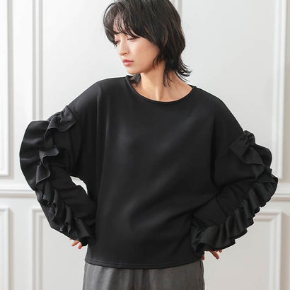 アクアガレージ aquagarage ダンボールニットボリュームフリルスリーブトップス 春 秋 冬 （ブラック）