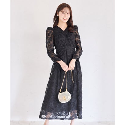 トッコクローゼット tocco closet 後ろリボン付きパワーショルダーフラワーチュールレースワンピース