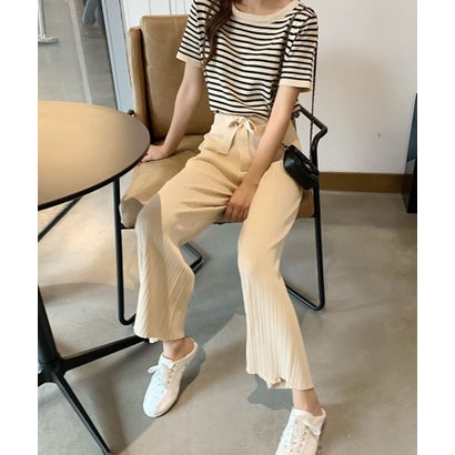 ガーリードール Girly Doll ボーダートップス×ウエストリボンパンツ セットアップ【韓国ファッション】 (ホワイト)