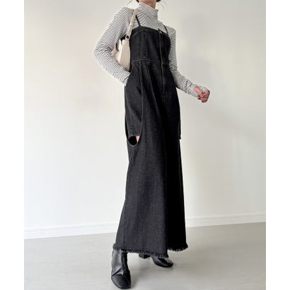 ジュノア JUNOAH レイヤードデザインデニムオールインワン (ブラック)