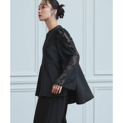 ルイルエブティック RUIRUE BOUTIQUE 【ストレッチ】華やぎセットアップドレス シアーカットジャカードトップス/セミワイドパンツ (ブラック)