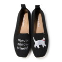 ハスキー HUSKY BOUQET 洗える 軽量 ローヒール スクエア 猫刺繍 アニマル ニットパンプス スリッポン オペラシューズ (BLACK)
