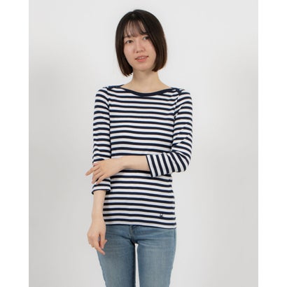 ユナイテッド カラーズ オブ ベネトン UNITED COLORS OF BENETTON. ブランドロゴ刺繍入り先染めボートネック7分袖ボーダーTシャツ・カットソー （616）