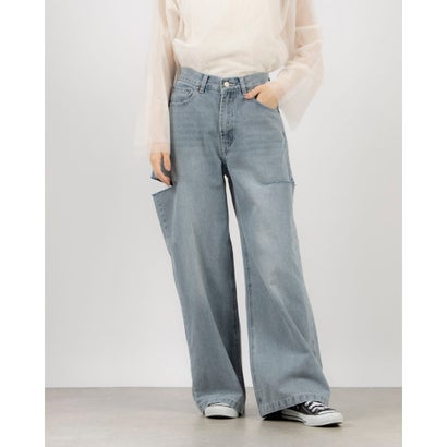 フェピュール feepur サイドスリットストレートワイドデニム (SAX)