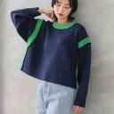 アクアガレージ aquagarage バイカラーラインニットトップス レディース 秋 冬 (ネイビー×グリーン)