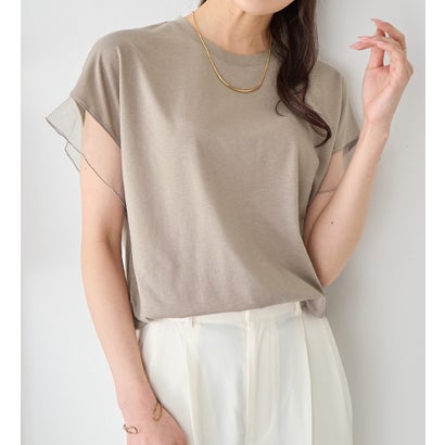 アロッタ Alotta 1枚でこなれ感!袖チュールデザイン綿混Tシャツ (グレージュ) アロッタ Alotta 1枚でこなれ感!袖チュールデザイン綿混Tシャツ (グレージュ)