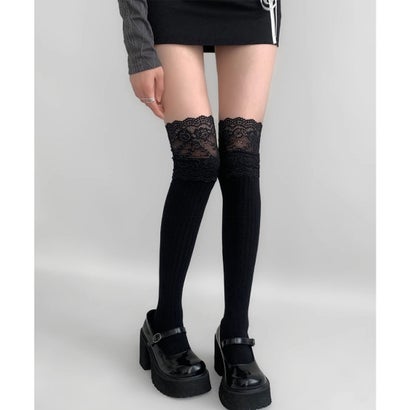 ミニミニストア miniministore ニーハイソックス花柄レース切り替え靴下 (ブラック)