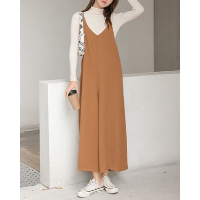 リリーオブバリー Lily of Valley Vネック オールインワン ワンピース ロング キャミソール ゆったり フレア 上品 ワイド （BR）