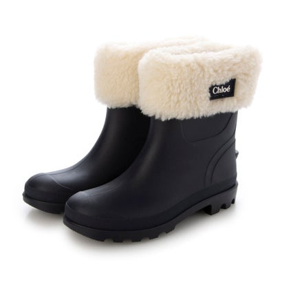 クロエ Chloe Logo Fur Rain Boots (NAVY)