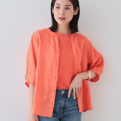 インディヴィ INDIVI 【毎年人気！／フレンチリネン】5分袖バンドカラーブラウス （オレンジ(067)）