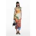 デシグアル Desigual 花柄ミディ丈チュールワンピース (オレンジ)