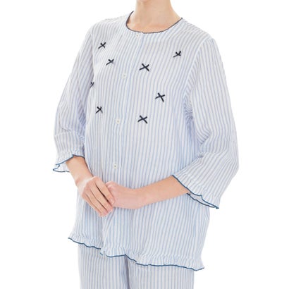 ナルエー Narue ダブルガーゼクラシカルストライプ7分袖パジャマ （ネイビー）