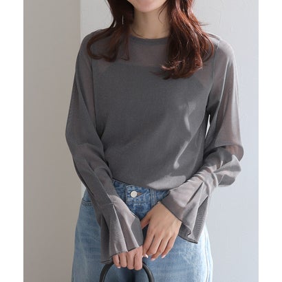 ピエロ Pierrot ネックと柄が選べるフレアスリーブシアーカットソー【クルーネック】 （ラメ/チャコール）